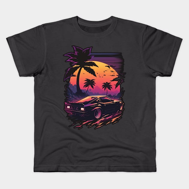 Retro Car in Synthwave Style Kids T-Shirt by Snoe